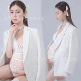 Mqtime  White Lace Fancy Maternity Bodysuit + Coat Photography Pregnancy Shoot Dresses Clothes Pregnant Women Sexy Maxi Gown Photo Props