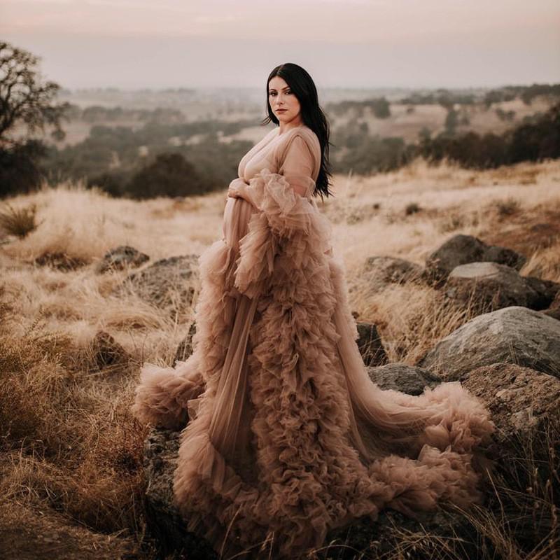 Mqtime Maternity Photography Dress Bridal Fluffy Tulle Robe Women Ruffle Long Tulle Dresses Photo Shoot Beach Birthday Party Clothes