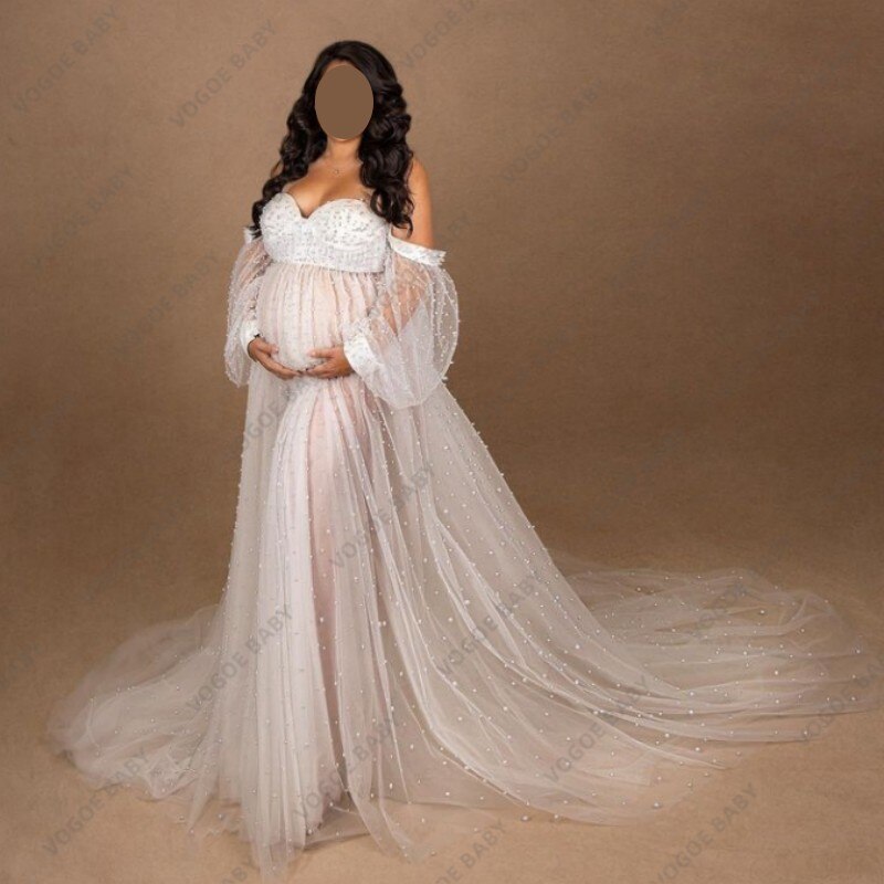 Mqtime Beaded Maternity Photography Dress Lantern Sleeve Bustier High Split Dress Baby Shower Gown Photo Shoot Dress