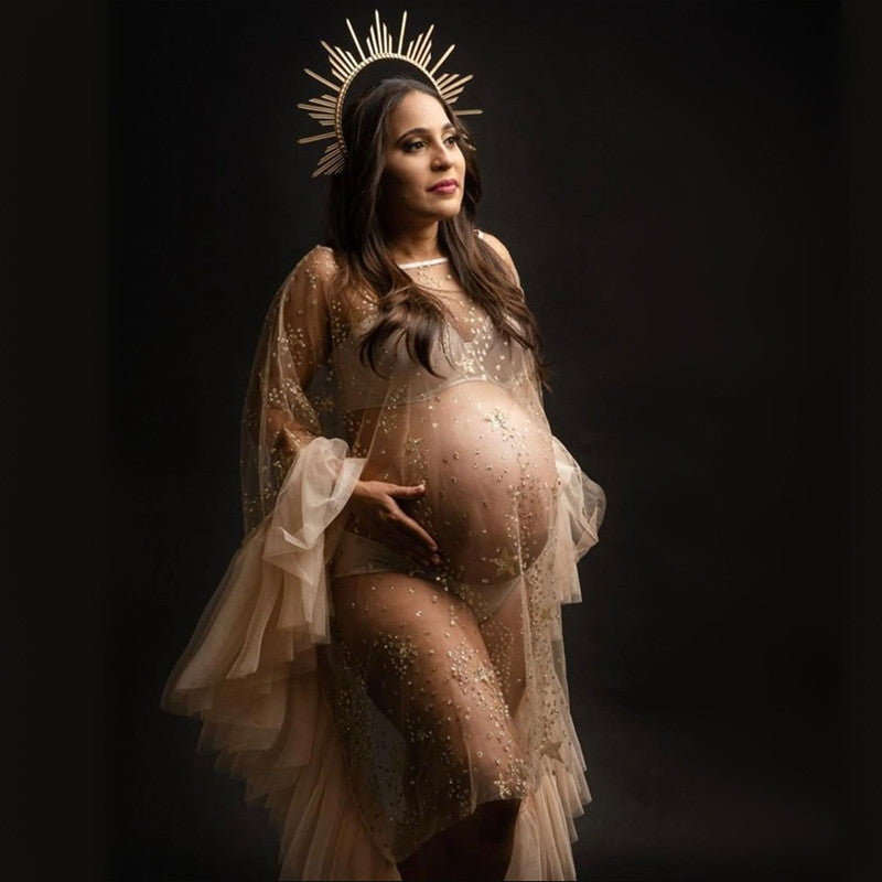Mqtime See Through Tulle Maternity Photography Props Dress Flare Rulles Sleeve Maternity Photography Outfit