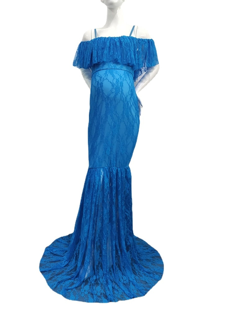 Mqtime Mermaid Maternity Lace Gown Pregnant Women Off Shoulder Strap Ruffles Maxi Photography Dress Elegant Pregnancy Dress Photo Prop