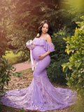 Mqtime Mermaid Maternity Lace Gown Pregnant Women Off Shoulder Strap Ruffles Maxi Photography Dress Elegant Pregnancy Dress Photo Prop