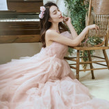Mqtime Pink Maternity Sling Dress Baby Shower Party Long Dress Ruffle Tulle Maternity Photography Dress Elegant Princess Prom Dress