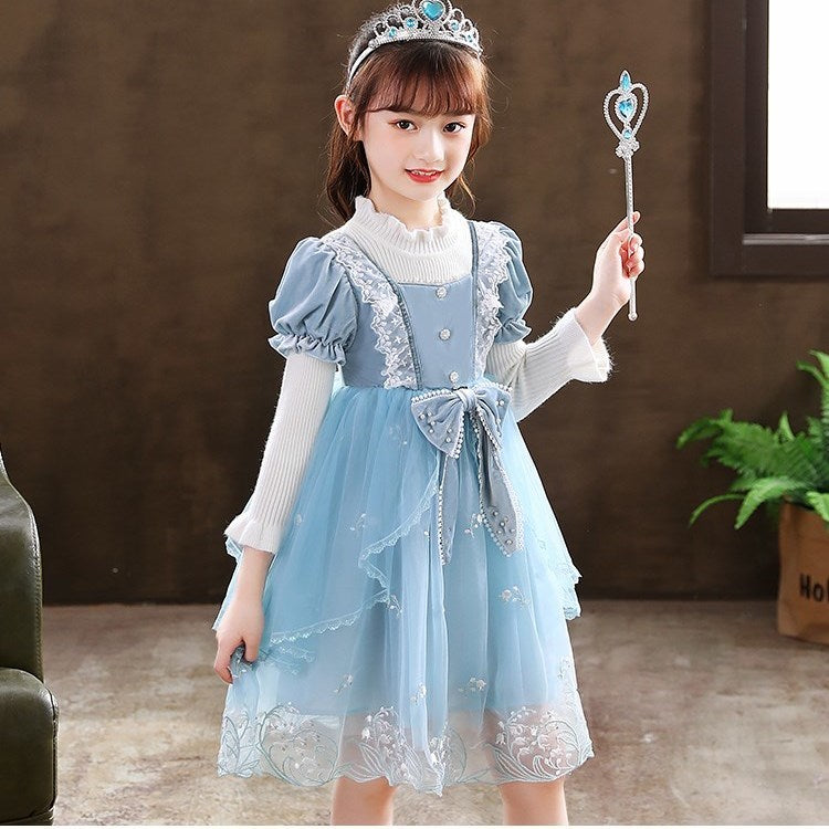 4-12Y Kids Spain Autumn Spring Bow Dress Girls Children Pink Tullefrock Toddler Princess Dresss Mesh Dress lolita Princess skirt