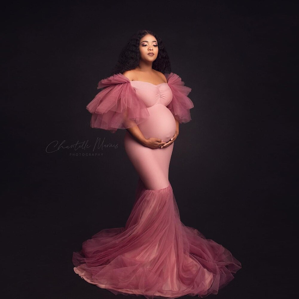 Mqtime Maternity Photoshoot Dresses Mermaid Dress Off Shoulder Tulle Lace Stretch Fabric Prom Gown Photo Shoot Pregnancy Clothes