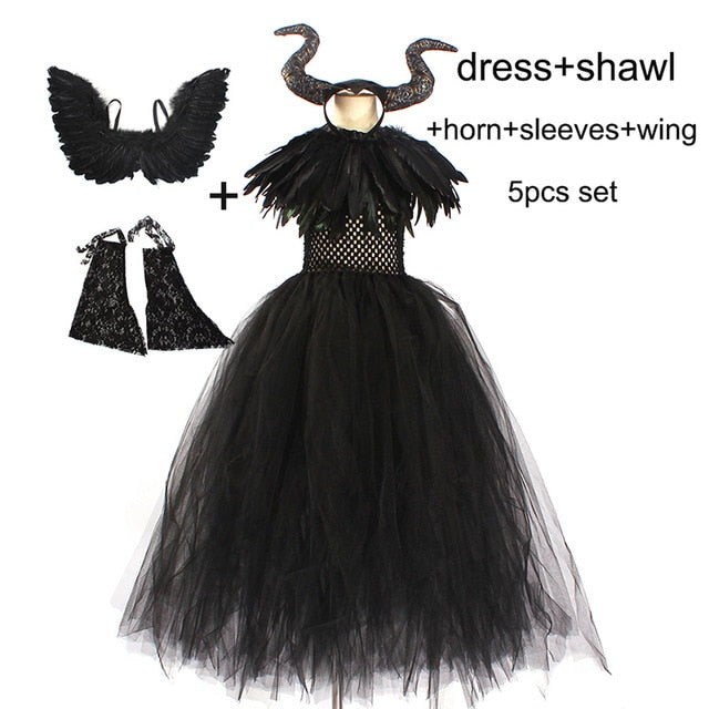 Kids Black Devil Tutu Costume Gothic Halloween Girls Fancy Tutu Dress with Feather Shawl Royal Dark Queen Maleficent Gown Dress