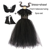 Kids Black Devil Tutu Costume Gothic Halloween Girls Fancy Tutu Dress with Feather Shawl Royal Dark Queen Maleficent Gown Dress