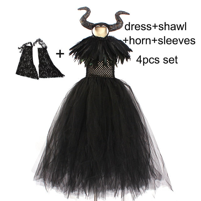 Kids Black Devil Tutu Costume Gothic Halloween Girls Fancy Tutu Dress with Feather Shawl Royal Dark Queen Maleficent Gown Dress