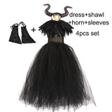 Kids Black Devil Tutu Costume Gothic Halloween Girls Fancy Tutu Dress with Feather Shawl Royal Dark Queen Maleficent Gown Dress