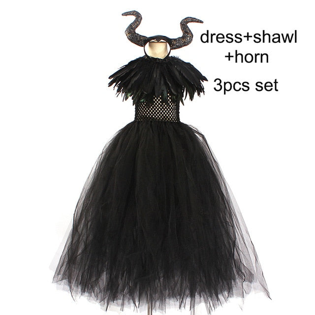 Kids Black Devil Tutu Costume Gothic Halloween Girls Fancy Tutu Dress with Feather Shawl Royal Dark Queen Maleficent Gown Dress