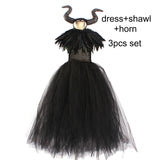 Kids Black Devil Tutu Costume Gothic Halloween Girls Fancy Tutu Dress with Feather Shawl Royal Dark Queen Maleficent Gown Dress