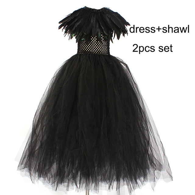 Kids Black Devil Tutu Costume Gothic Halloween Girls Fancy Tutu Dress with Feather Shawl Royal Dark Queen Maleficent Gown Dress