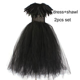 Kids Black Devil Tutu Costume Gothic Halloween Girls Fancy Tutu Dress with Feather Shawl Royal Dark Queen Maleficent Gown Dress