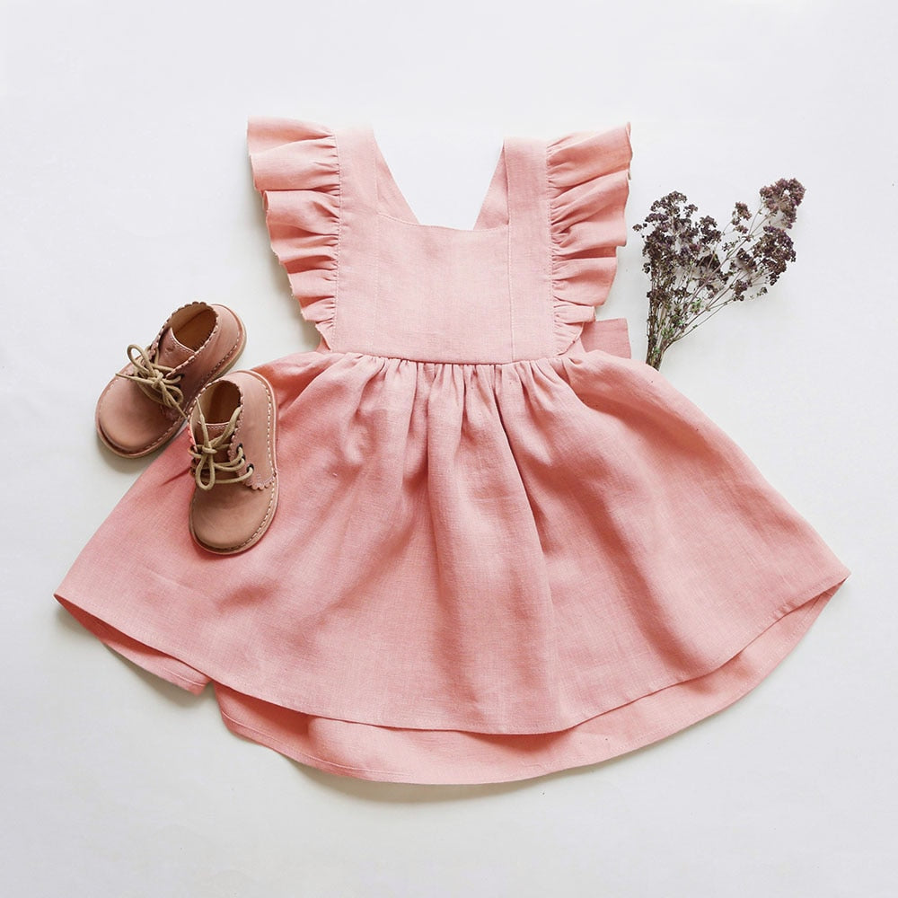 Mqtime Baby Girl Dress 0-6Y Solid Linen Ruffle Sleeve Kids Dresses For Summer Princess Party Dress For Girls Toddler Baby Girls Clothes