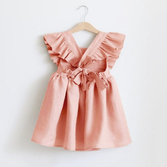 Mqtime Baby Girl Dress 0-6Y Solid Linen Ruffle Sleeve Kids Dresses For Summer Princess Party Dress For Girls Toddler Baby Girls Clothes