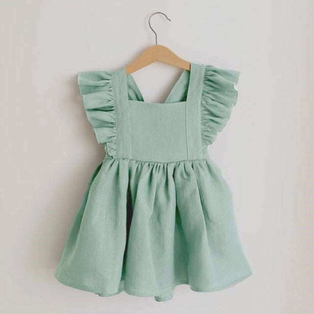 Mqtime Baby Girl Dress 0-6Y Solid Linen Ruffle Sleeve Kids Dresses For Summer Princess Party Dress For Girls Toddler Baby Girls Clothes