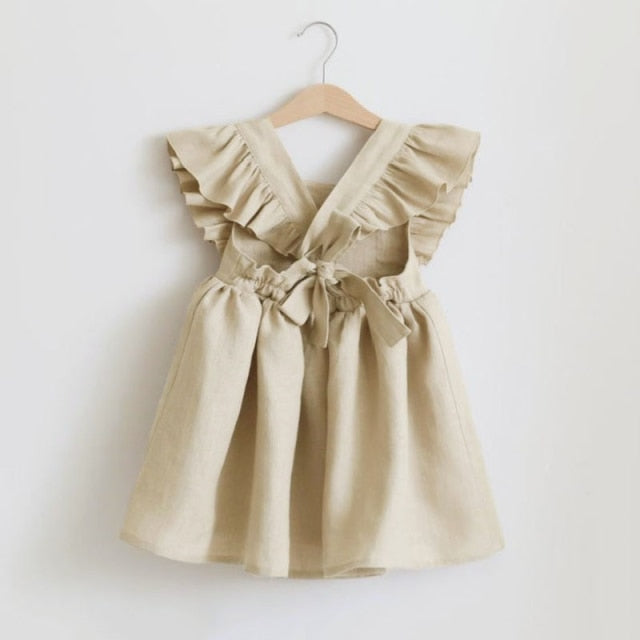Mqtime Baby Girl Dress 0-6Y Solid Linen Ruffle Sleeve Kids Dresses For Summer Princess Party Dress For Girls Toddler Baby Girls Clothes