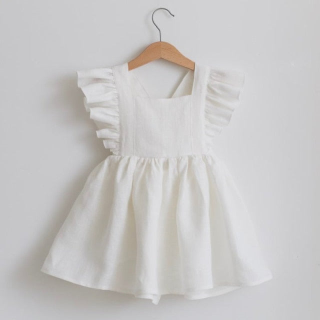 Mqtime Baby Girl Dress 0-6Y Solid Linen Ruffle Sleeve Kids Dresses For Summer Princess Party Dress For Girls Toddler Baby Girls Clothes