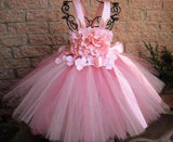 Mqtime Girls Pink Petals Lace Tutu Dress Kids Flower Dress Ball Gown with Ribbon Bow Children Christmas Wedding Party Costume Dresses