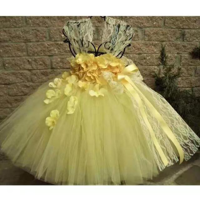 Mqtime Girls Pink Petals Lace Tutu Dress Kids Flower Dress Ball Gown with Ribbon Bow Children Christmas Wedding Party Costume Dresses