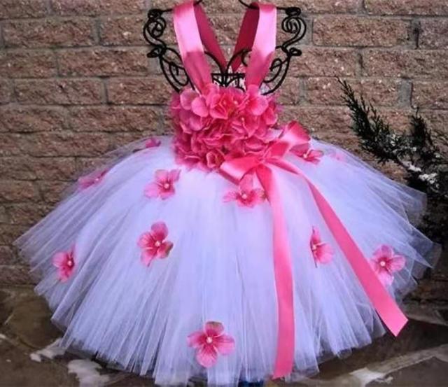 Mqtime Girls Pink Petals Lace Tutu Dress Kids Flower Dress Ball Gown with Ribbon Bow Children Christmas Wedding Party Costume Dresses