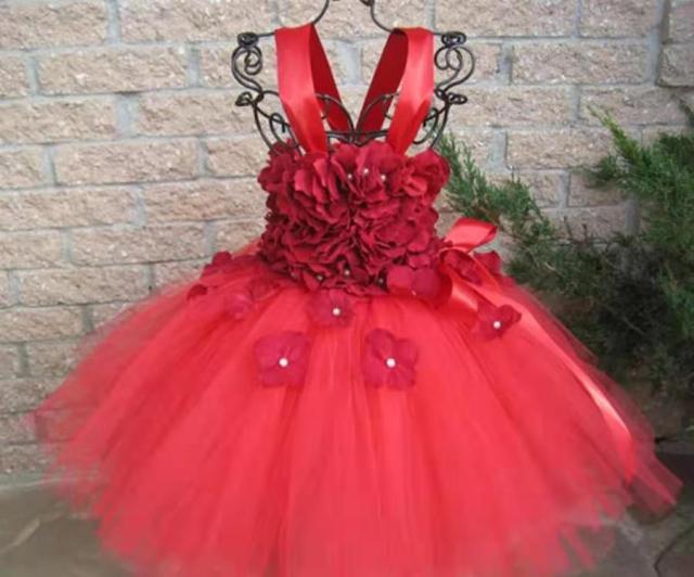 Mqtime Girls Pink Petals Lace Tutu Dress Kids Flower Dress Ball Gown with Ribbon Bow Children Christmas Wedding Party Costume Dresses