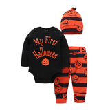 Mqtime New Halloween Baby Boy’s Clothes Sets Stripe Skull Pattern Long Sleeve Jumpsuit Long Pants Hat Toddler Baby 3Pcs Outfits 0-24M