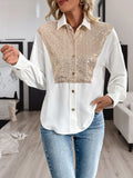 MQTIME  -  Perfee Sequin Contrast Collared Neck Long Sleeve Shirt