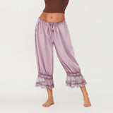 MQTIME  -  Casual Lace Patchwork Elastic Waist Trouser Women Chic High-waisted Lace-up Loose Wide-leg Ninth Pants Lady Street Trousers