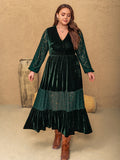 MQTIME  -  Plus Size Lace Patchwork V-Neck Balloon Sleeve Midi Dress