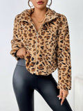 MQTIME  -  Fuzzy Turtleneck Leopard Zip Up Jacket