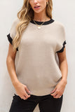 MQTIME  -  Contrast Trim Round Neck Cap Sleeve Knit Top