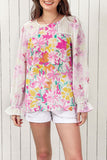 MQTIME  -  Floral Round Neck Flounce Sleeve Blouse