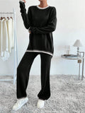 MQTIME  -  Side Slit Contrast Trim Round Neck Top and Pants Sweater Set