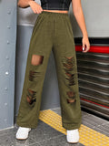 MQTIME  -  Distressed Elastic Waist Straight Leg Pants