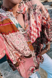MQTIME  -  Patchwork Printed Notched Flounce Sleeve Shirt