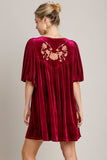 MQTIME  -  Umgee Embroidered Half Sleeve Velvet Mini Dress with Tassel