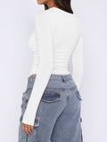 MQTIME  -  Ruched Asymmetrical Neck Long Sleeve T-Shirt