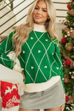 MQTIME  -  Diamond Pattern Contrast Trim Mock Neck Sweater