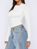 MQTIME  -  Ruched Asymmetrical Neck Long Sleeve T-Shirt