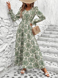 MQTIME  -  Smocked Printed V-Neck Flounce Sleeve Dress