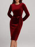 MQTIME  -  Round Neck Tie Waist Long Sleeve Velvet Dress