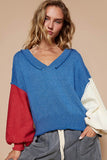 MQTIME  -  Exposed Seam Contrast V-Neck Lantern Sleeve Sweater