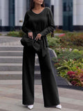 MQTIME  -  V-Neck Long Sleeve Top and Drawstring Pants Sweater Set