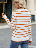 MQTIME  -  Striped Johnny Collar Long Sleeve Sweater