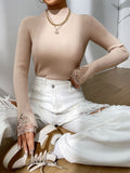 MQTIME  -  Lace Detail Mock Neck Long Sleeve Sweater