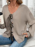 MQTIME  -   Perfee Tied Contrast Heart V-Neck Long Sleeve Cardigan