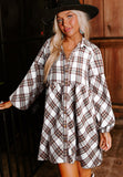 MQTIME  -  Full Size Plaid Collared Neck Balloon Sleeve Mini Shirt Dress