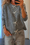 MQTIME  -  Bow Round Neck Long Sleeve Cardigan