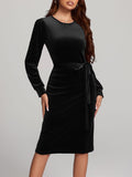 MQTIME  -  Round Neck Tie Waist Long Sleeve Velvet Dress